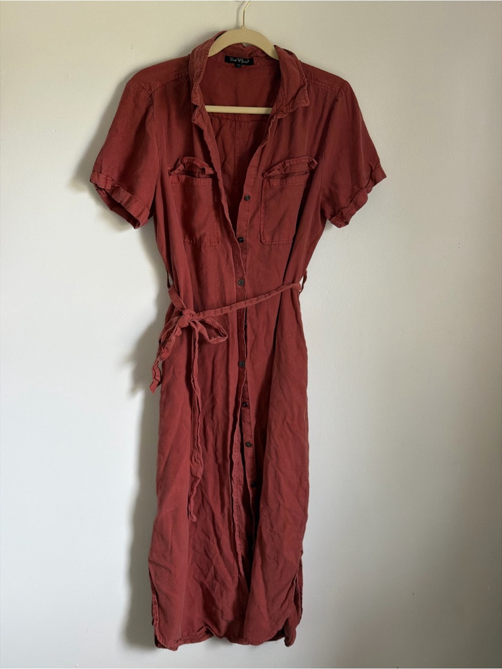 Velvet Heart Brick Red Button-Front Midi Shirt Dress